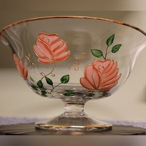 CRYSTAL SERVING BOWL WITH PEDESTAL  Romania Handcrafted Roses Gold Trim